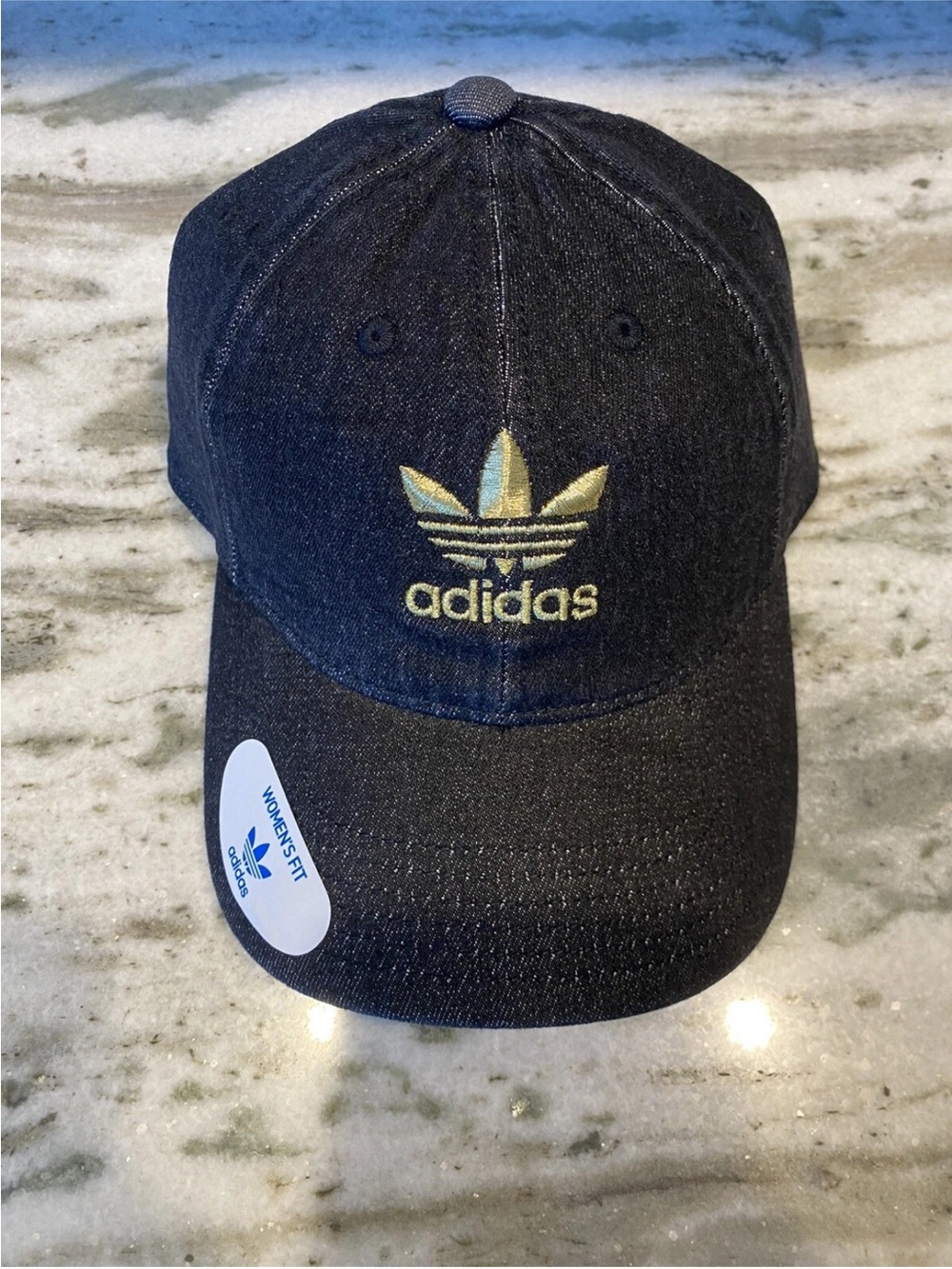 Adidas Originals Women Fit Black Washed Denim Gold Logo Hat, One Size